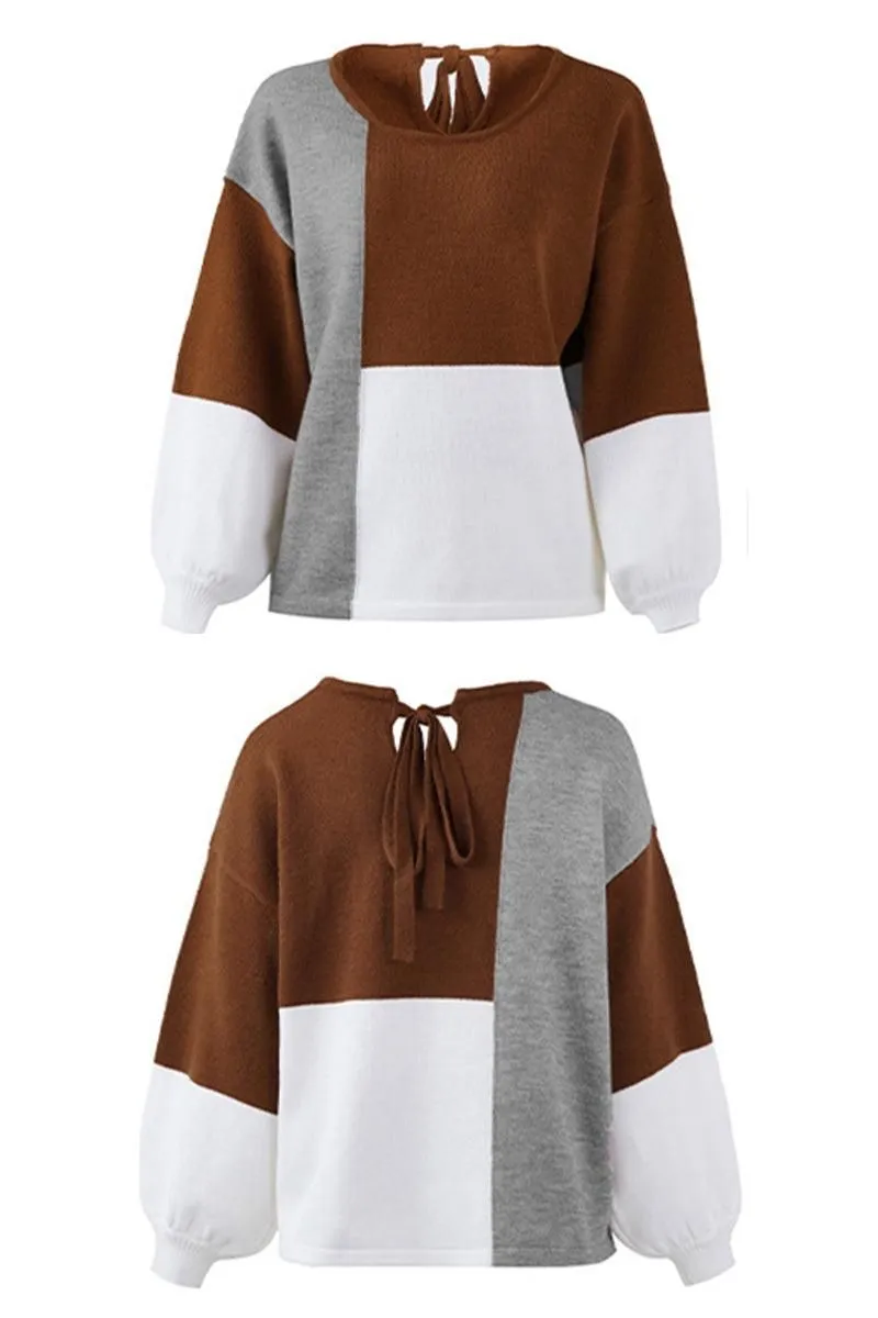 COLOR BLOCK TIED BACK SWEATER TOP