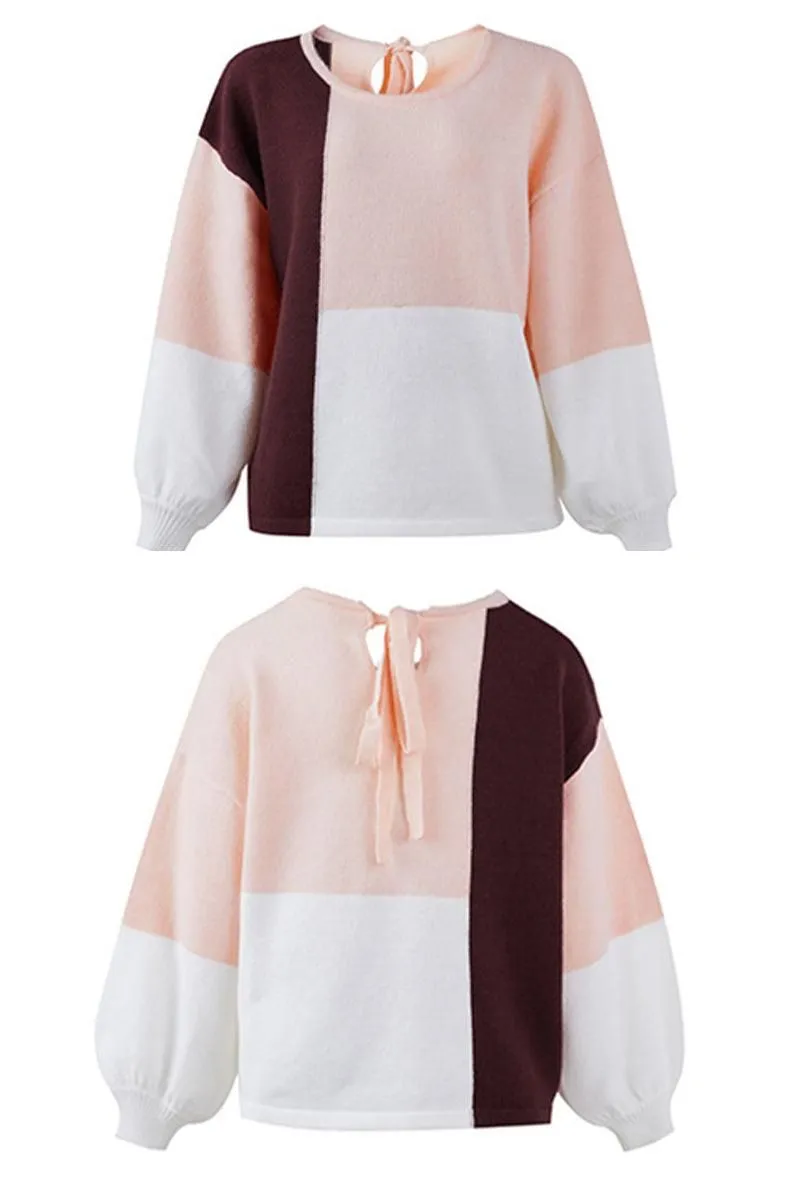 COLOR BLOCK TIED BACK SWEATER TOP