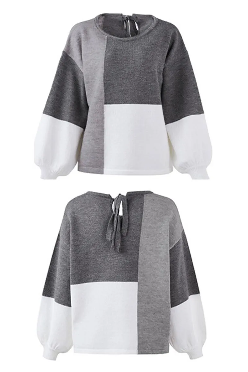 COLOR BLOCK TIED BACK SWEATER TOP