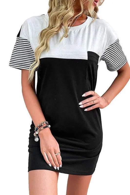 COLOR BLOCKED ROUND NECK BODYCON CASUAL DRESS