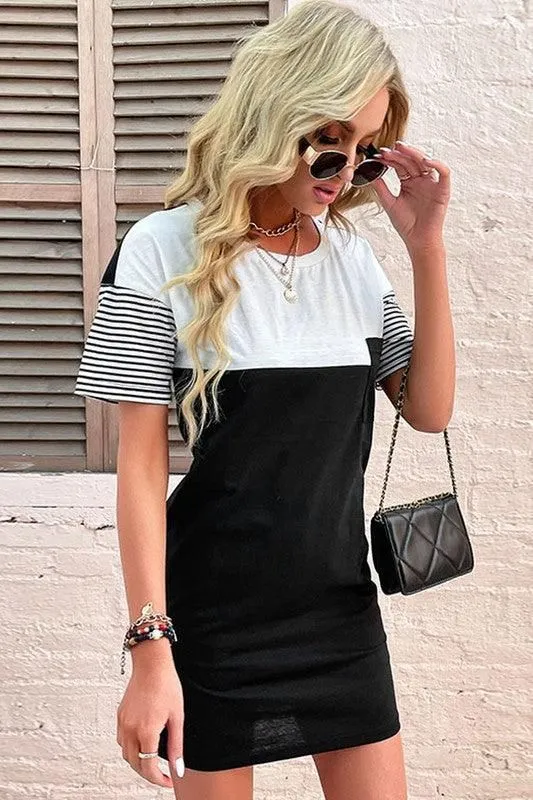 COLOR BLOCKED ROUND NECK BODYCON CASUAL DRESS