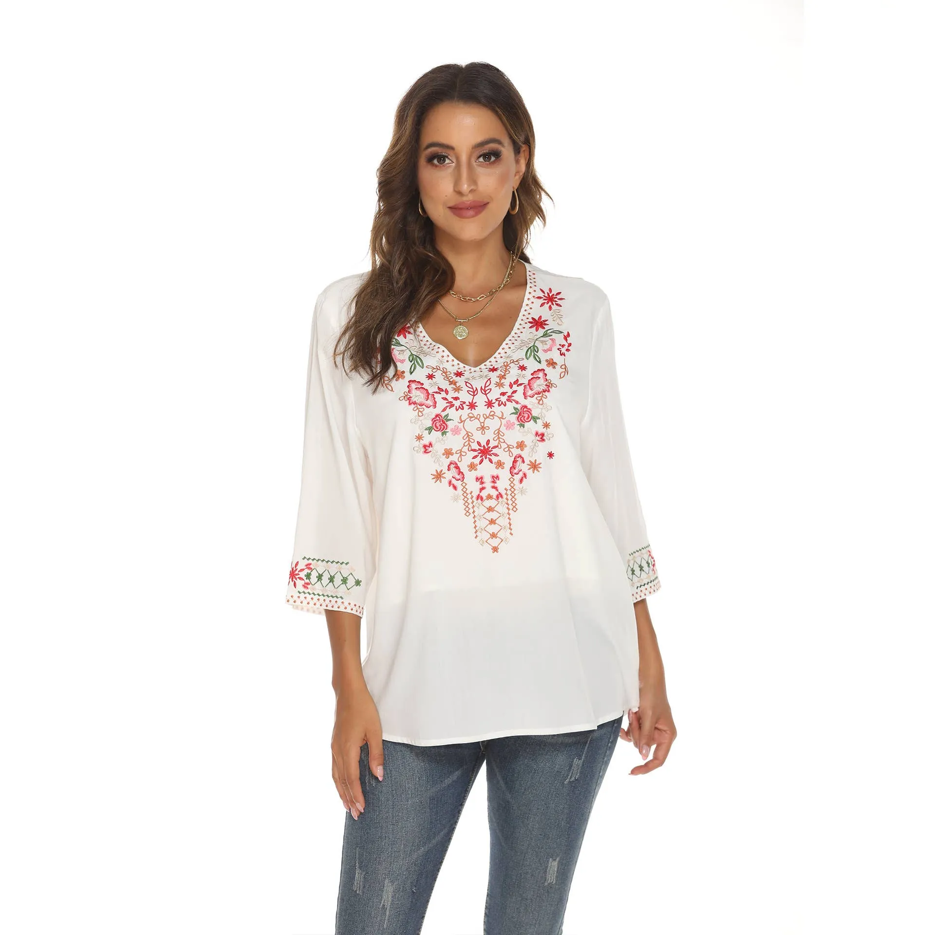 COTTON LOOSE DEEP V EMBROIDERED TOP_CWTBLL0818