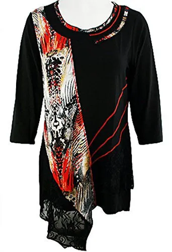 Creation - Lined Lace, 3/4 Sleeve Trimmed Scoop Neck Tunic with Lace Accents