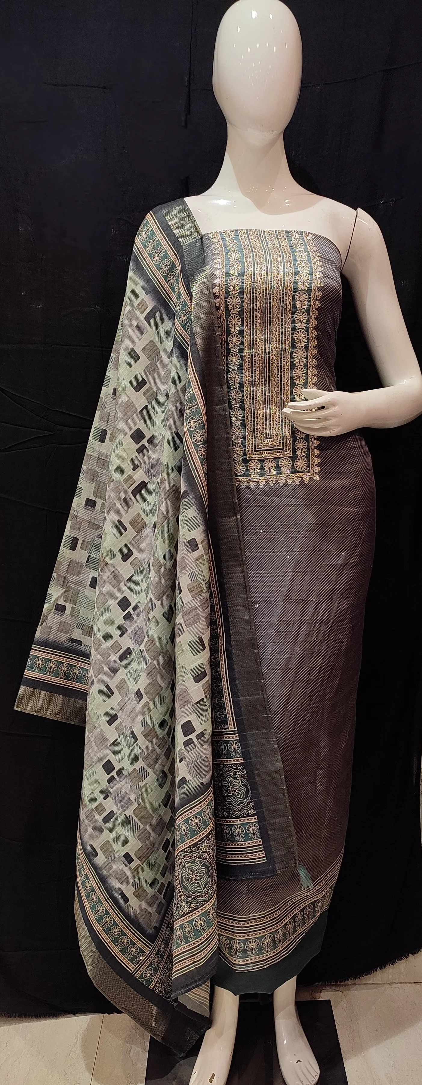 Dark Green Tussar Silk Unstitched Suit With Golden Zari Embroidery