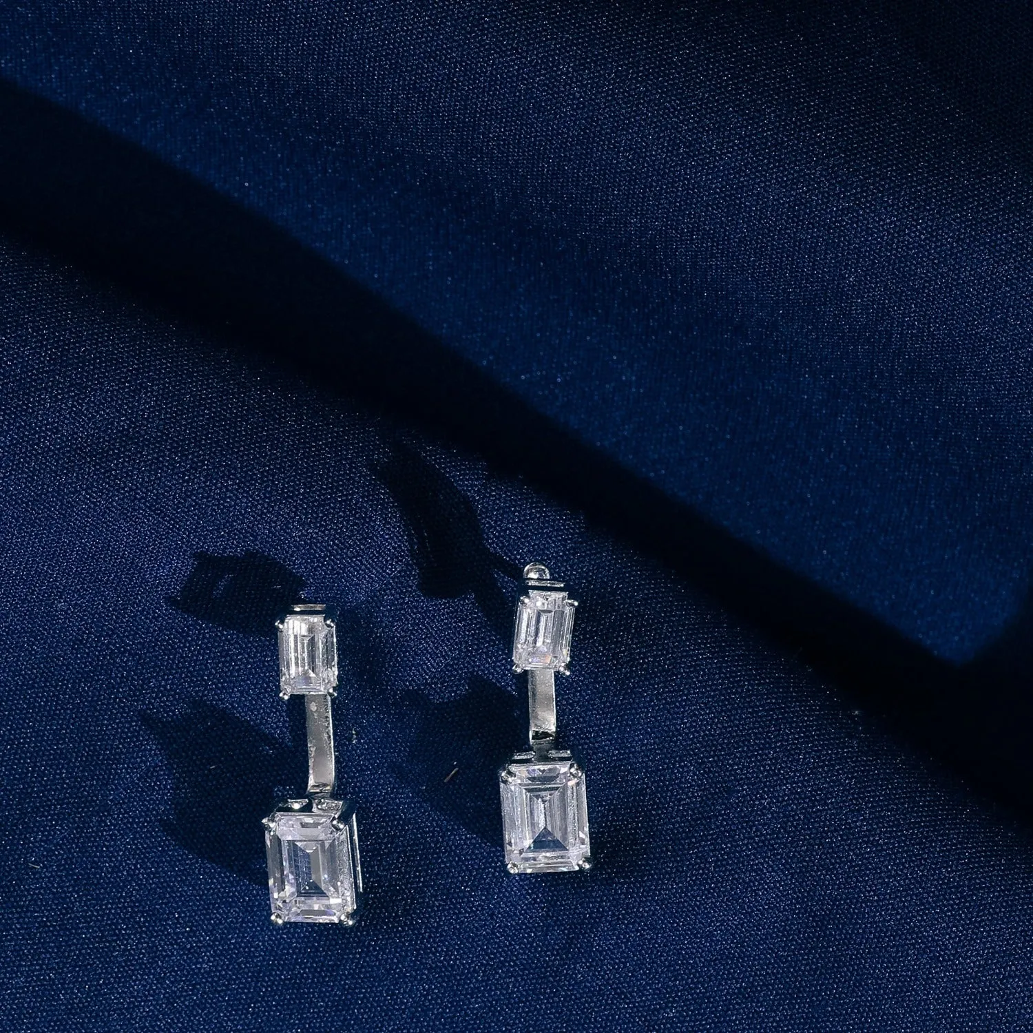 Emerald cut CZ with Detachable Ear jacket Silver Stud Earrings