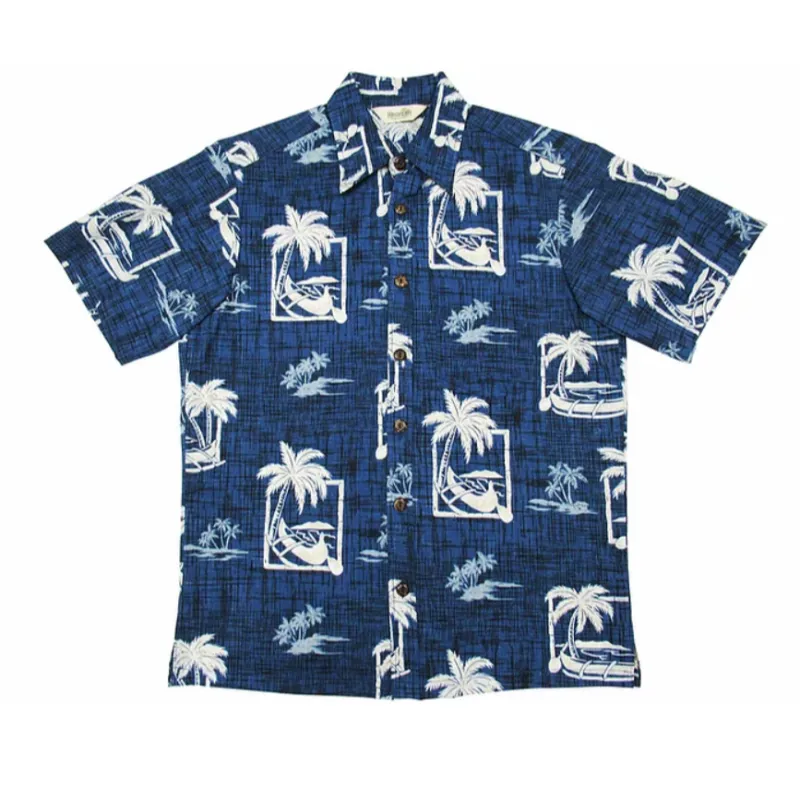 Hatch Pattern Palm Tree and Boat Hawaiian Shirt | Red