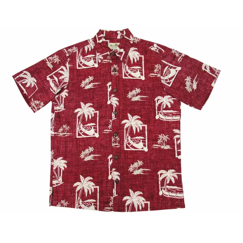 Hatch Pattern Palm Tree and Boat Hawaiian Shirt | Red