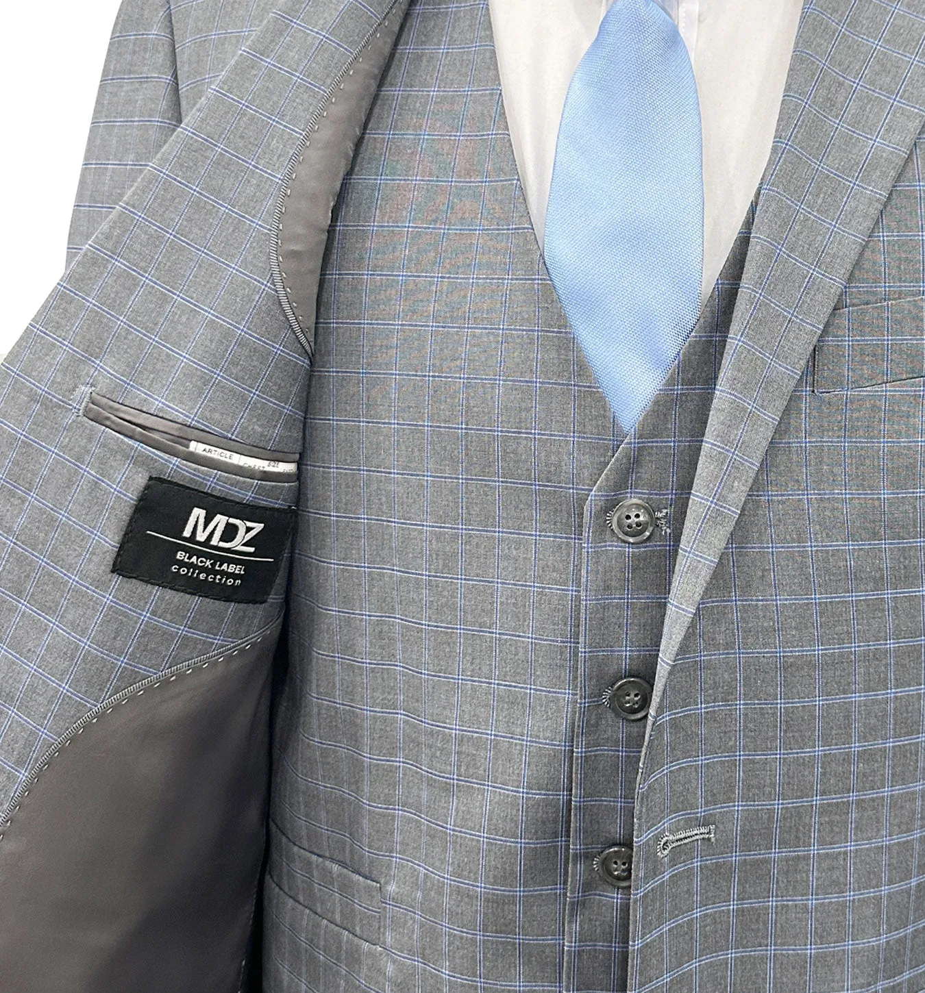 MDZ Windowpane Vested Modern Fit Suit - Gray/Blue