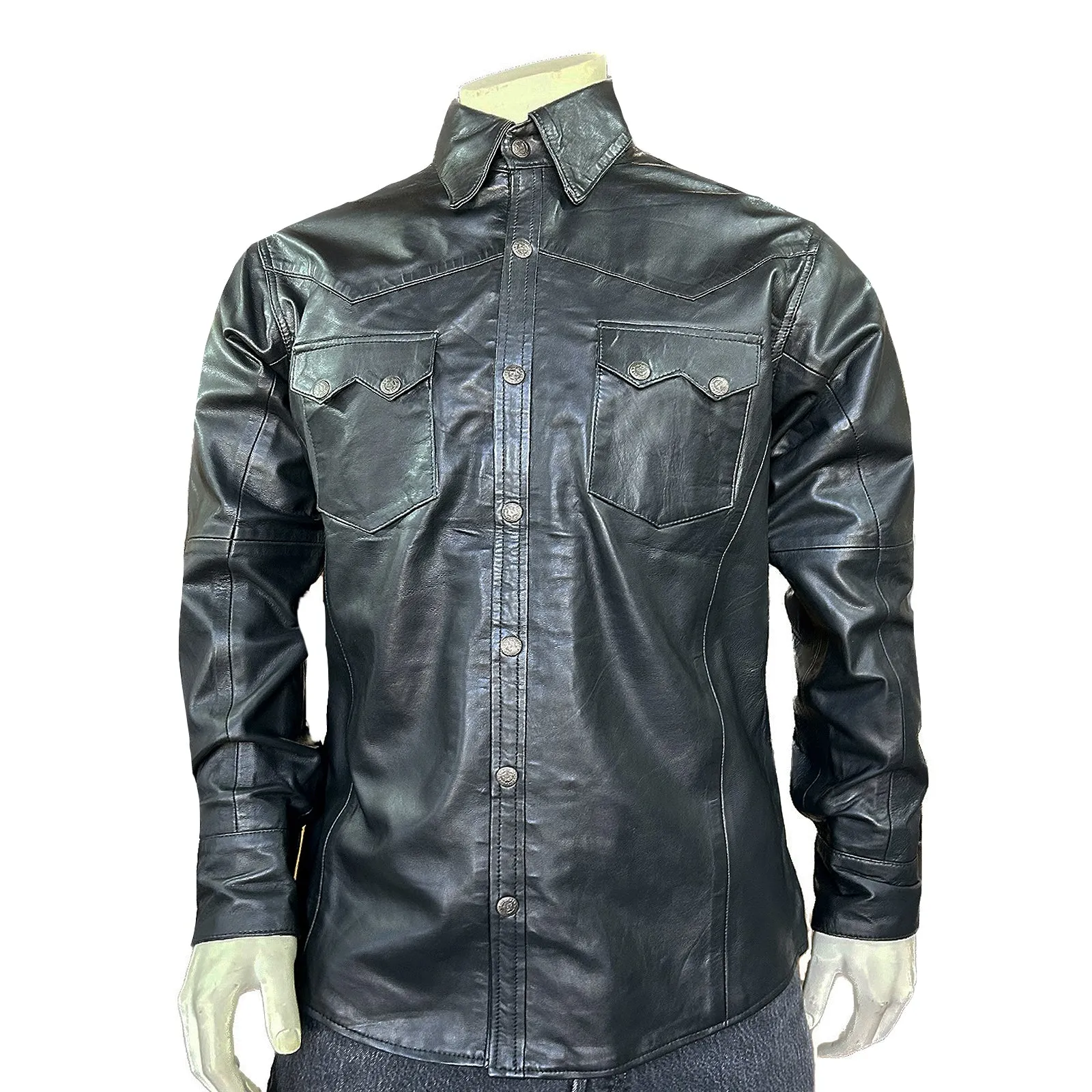 Men's Calf Skin Leather Western Shirt in Charcoal Black