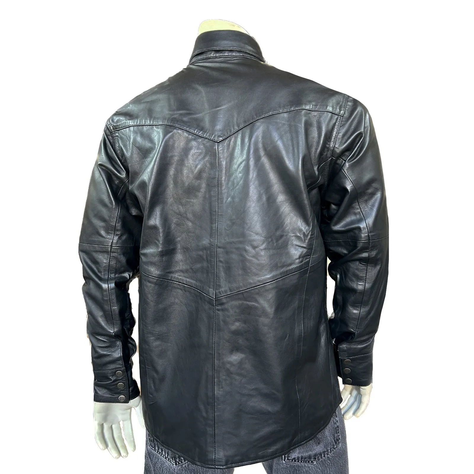 Men's Calf Skin Leather Western Shirt in Charcoal Black