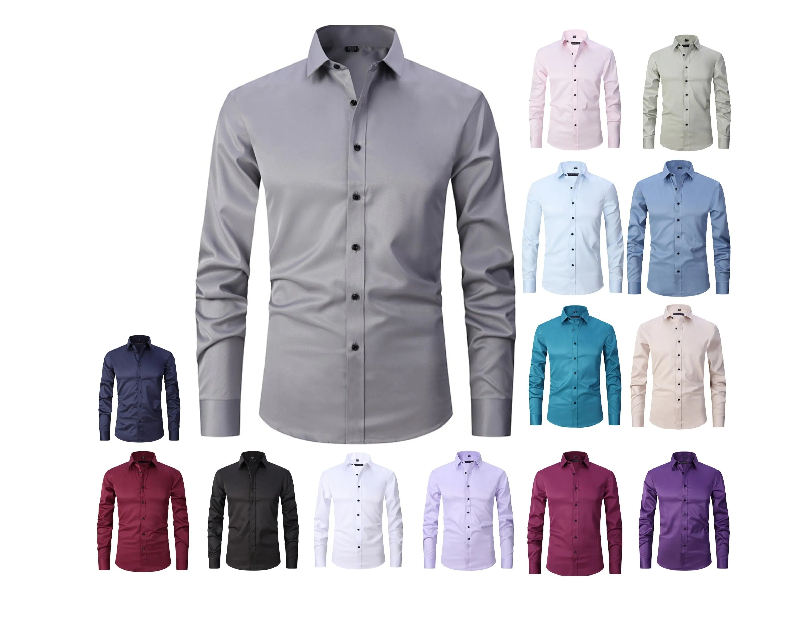 Men's Dress Shirts Classic Long Sleeve Solid Color Designer Silk Business Shirts | 2-7