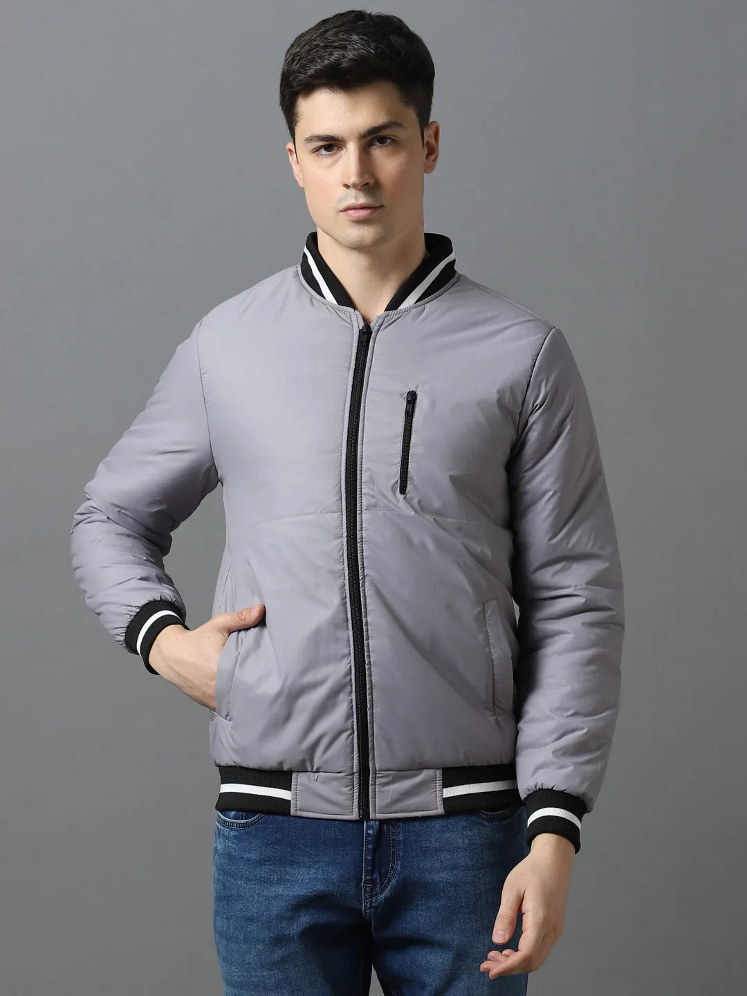 Men's Grey Full Sleeve Zippered Bomber Jacket