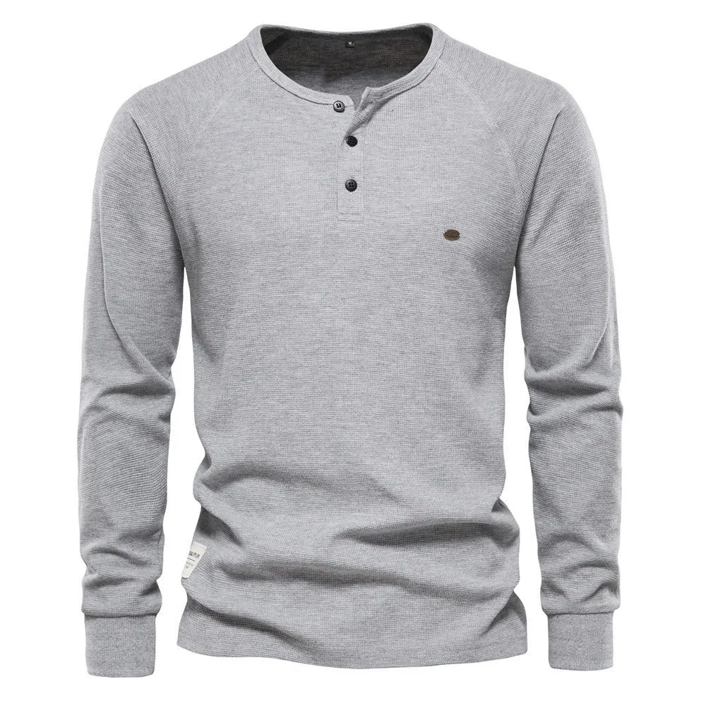 Men's Winter Sweater Collar Long Sleeve Waffle T-Shirt Solid Color T-Shirts | TW401