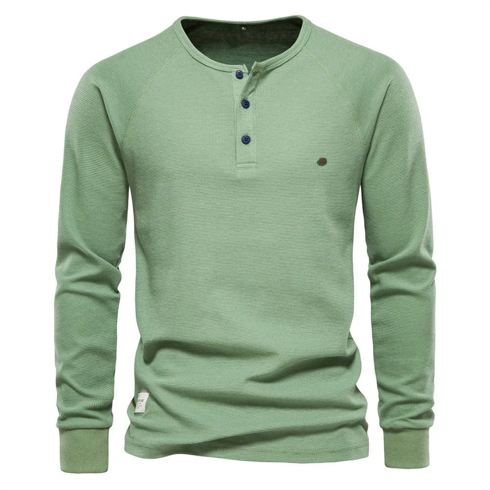 Men's Winter Sweater Collar Long Sleeve Waffle T-Shirt Solid Color T-Shirts | TW401