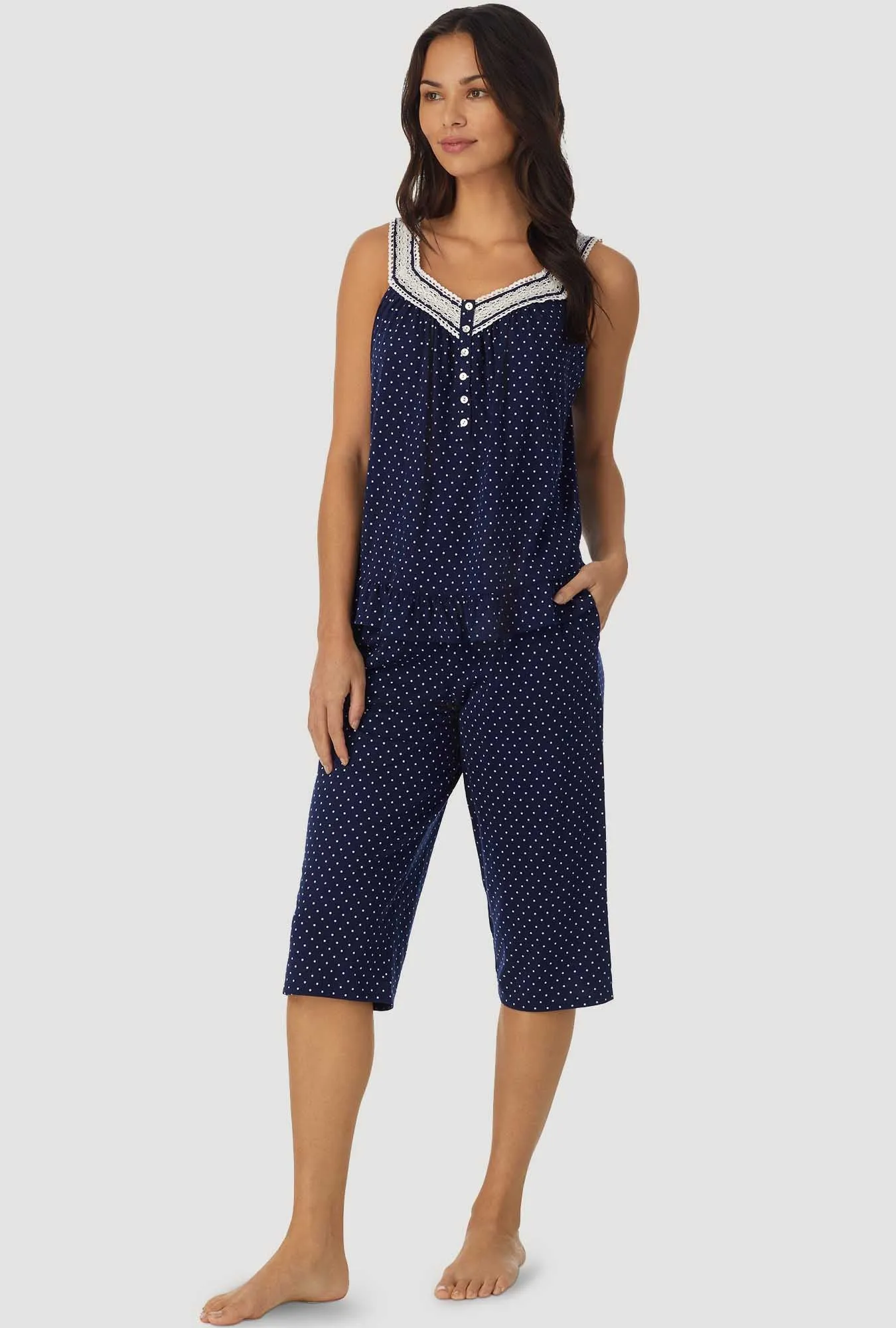 Navy and White Dot Sleeveless Top Crop Pant PJ Set