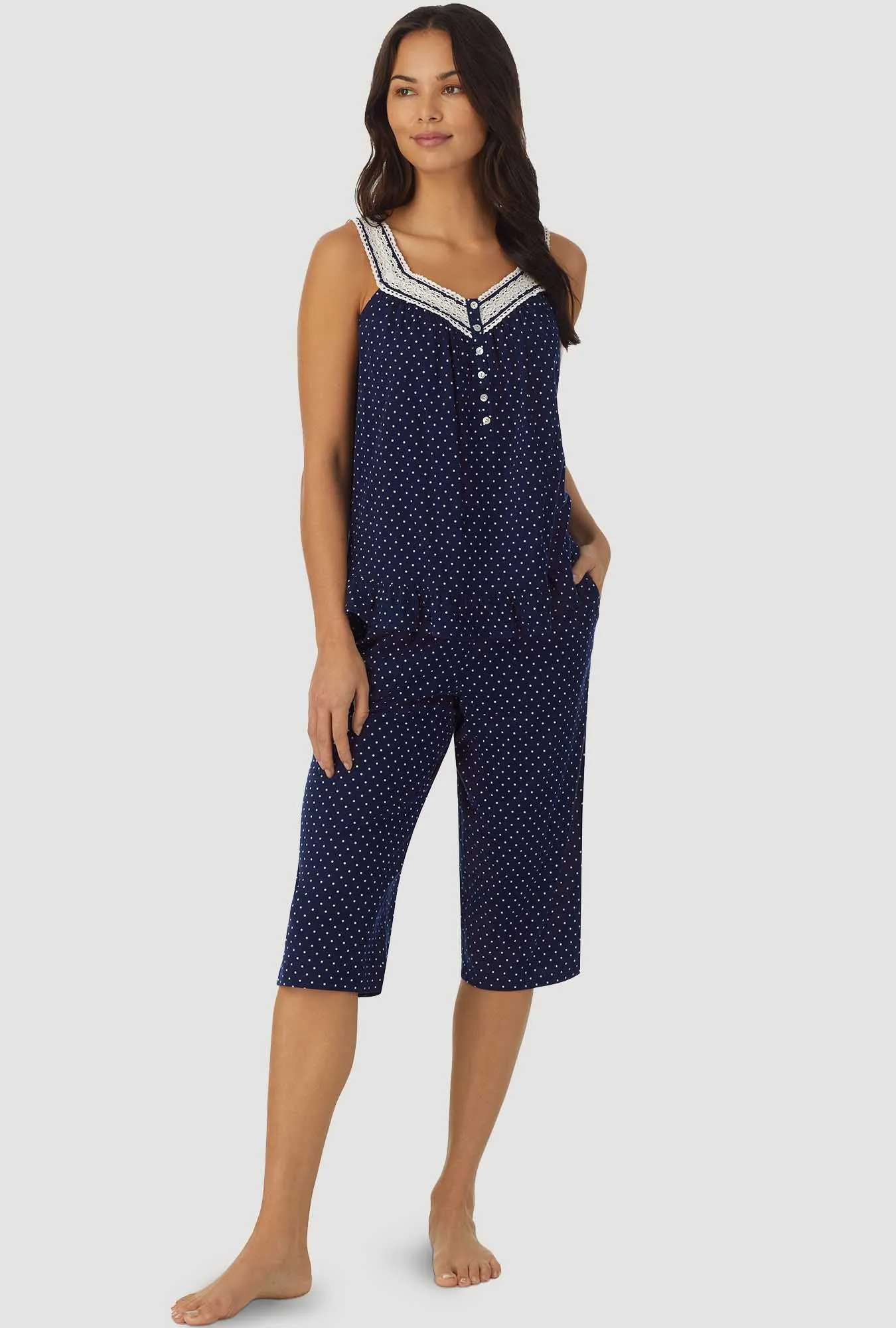 Navy and White Dot Sleeveless Top Crop Pant PJ Set