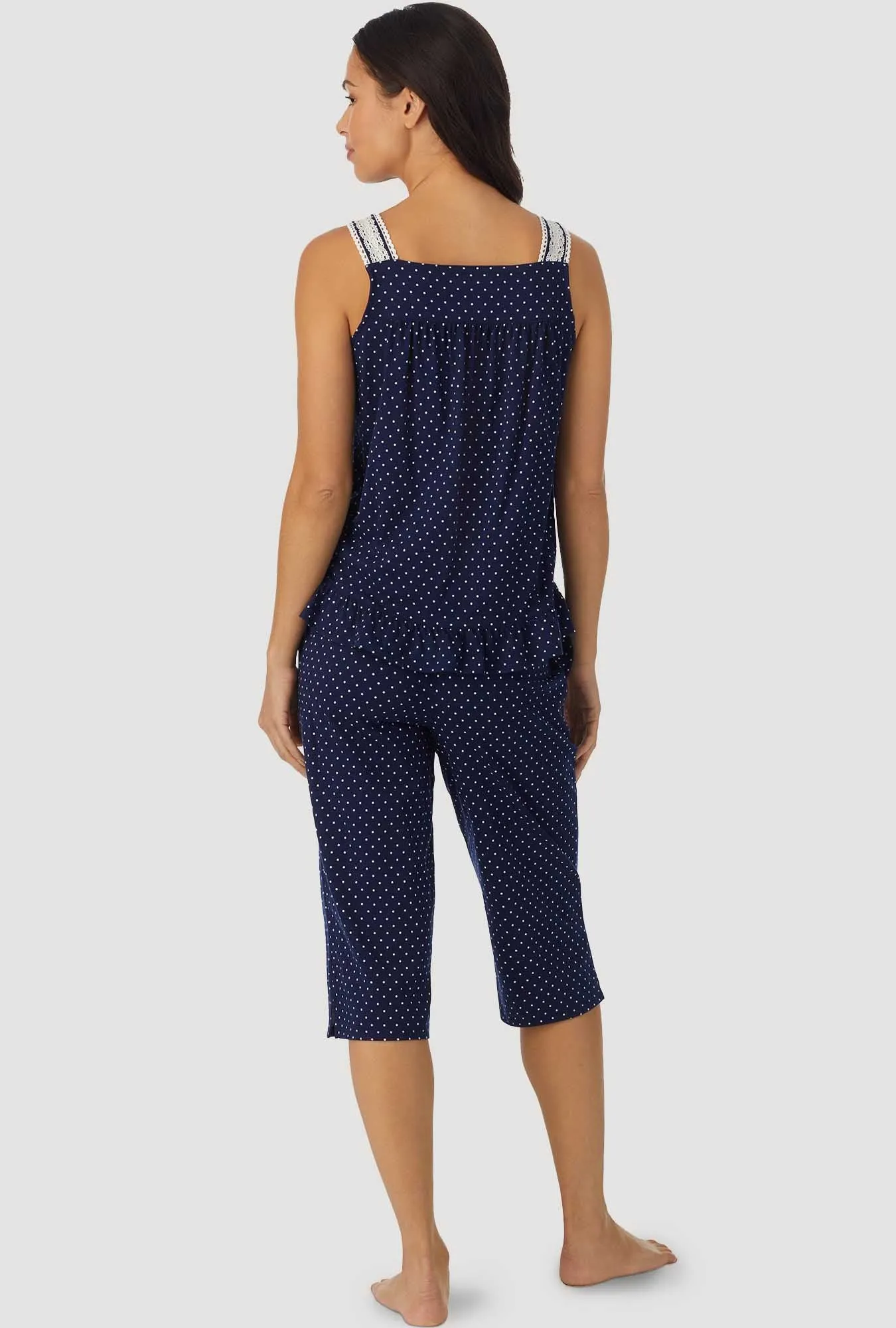 Navy and White Dot Sleeveless Top Crop Pant PJ Set