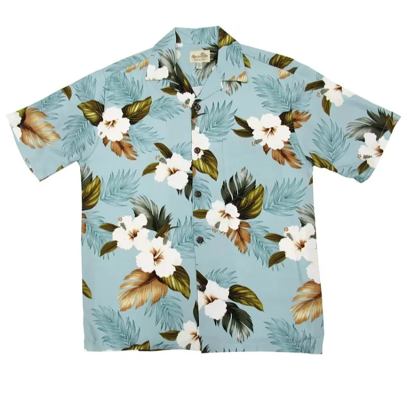 Pastel Blue Hibiscus Print Aloha Shirt | Blue