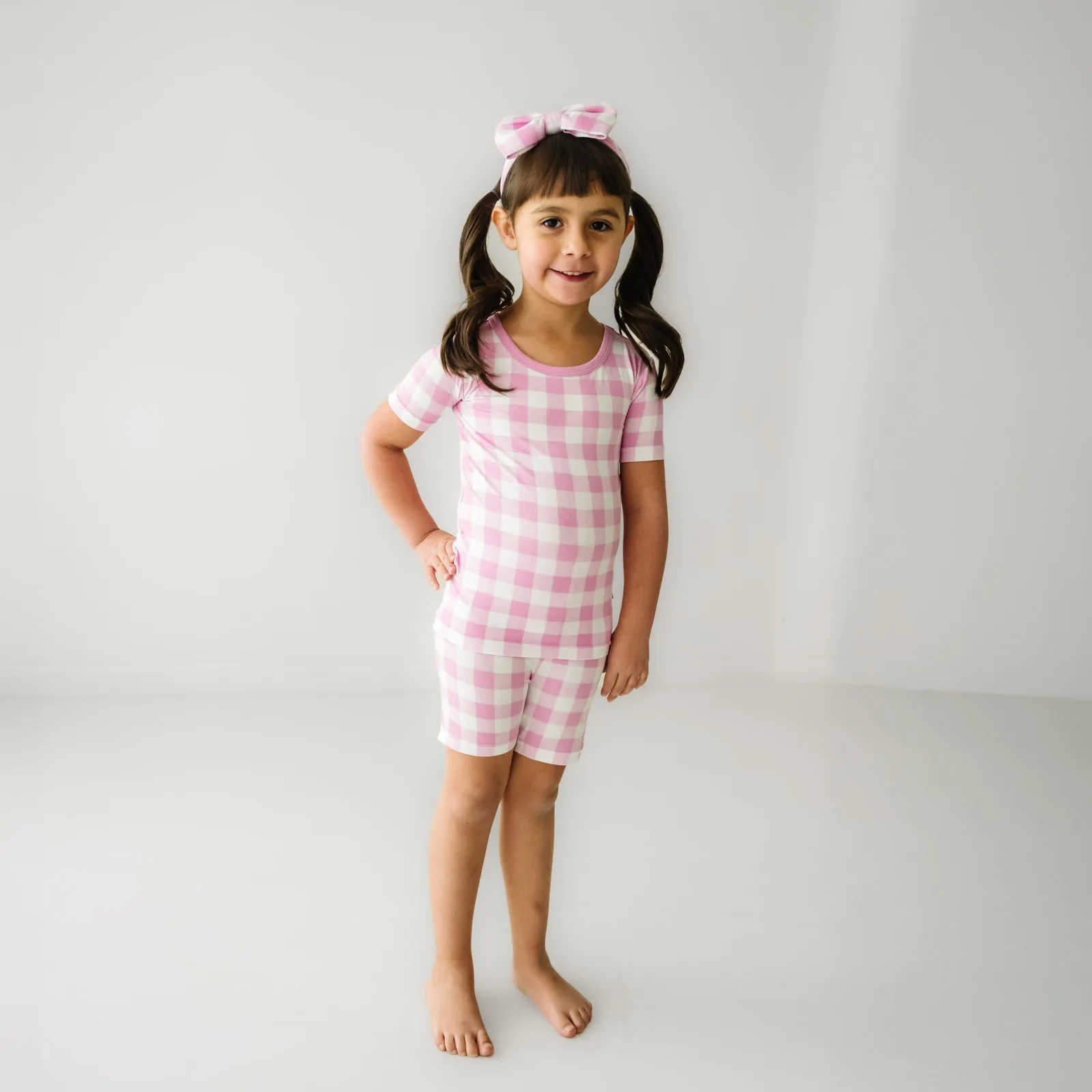 Pink Gingham Two-Piece Short Sleeve & Shorts Pajama Set