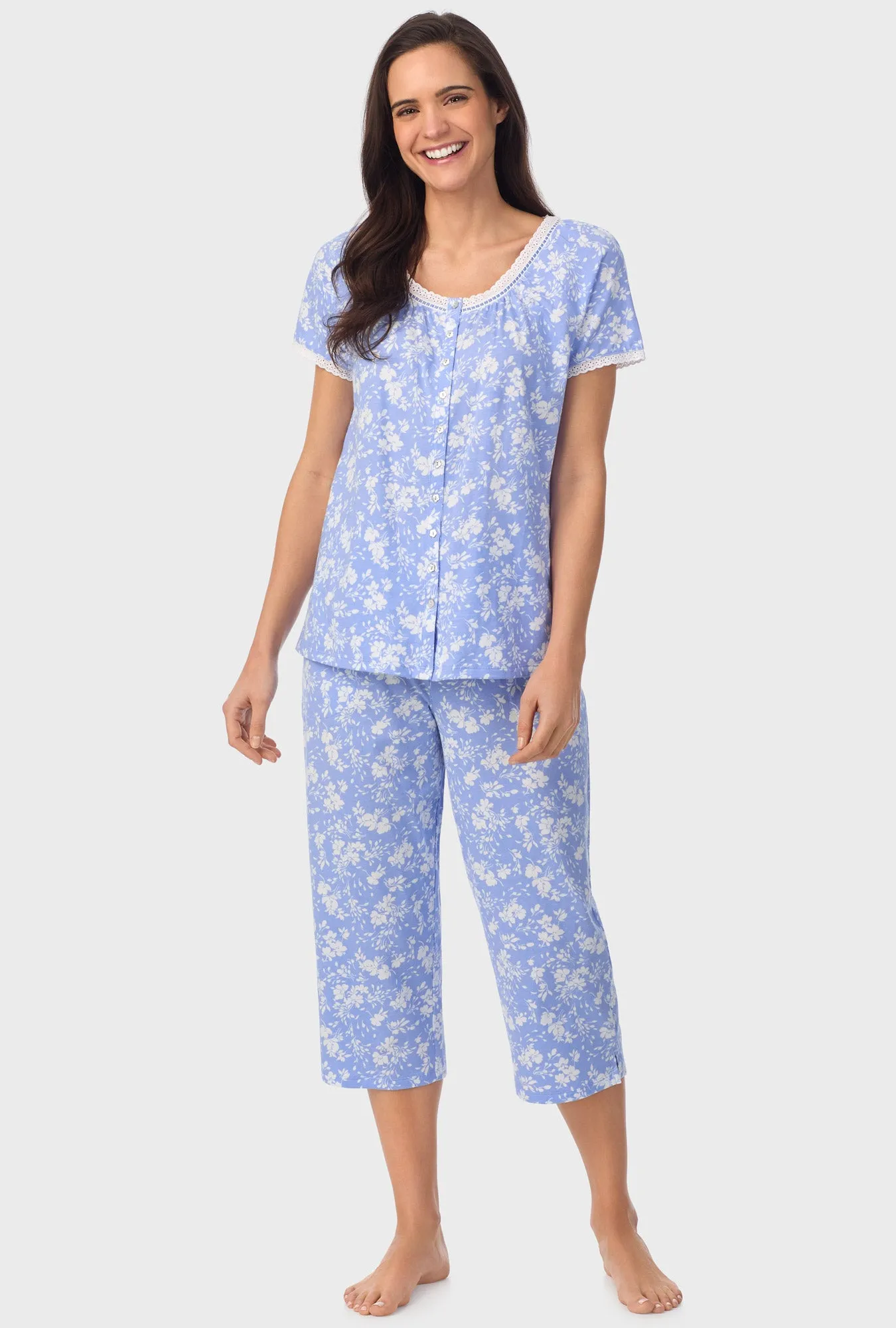 Powder Blue Floral Cap Sleeve Capri Pant PJ Set