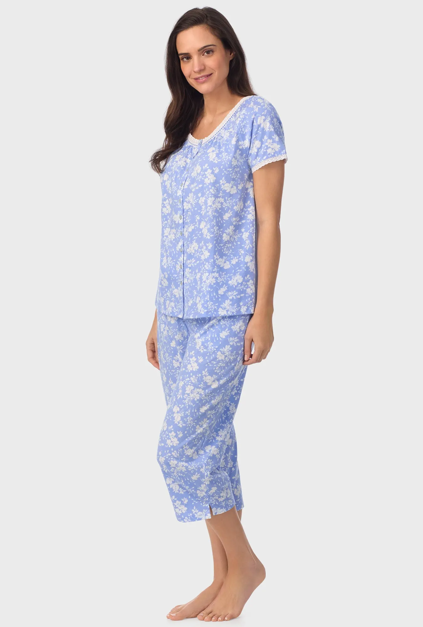 Powder Blue Floral Cap Sleeve Capri Pant PJ Set