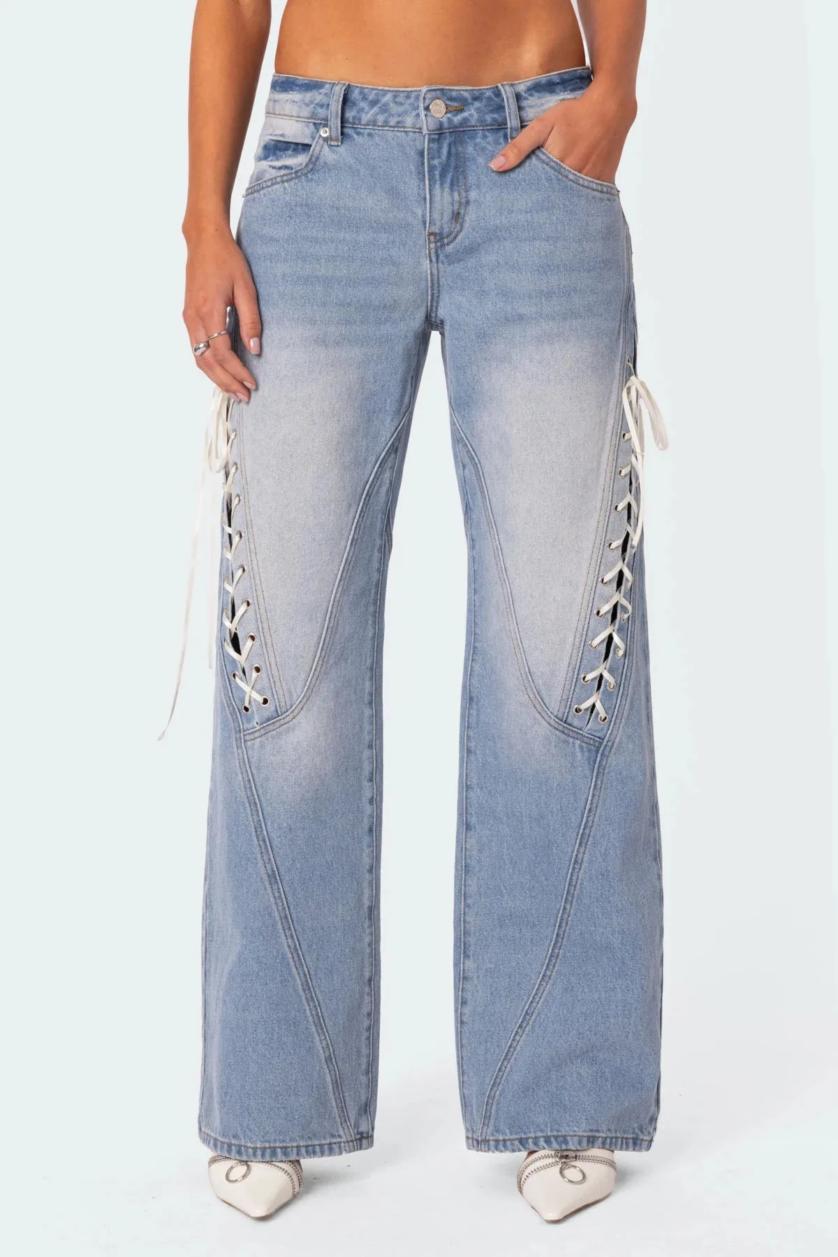 Ribbon Lace-Up Low Rise Jeans