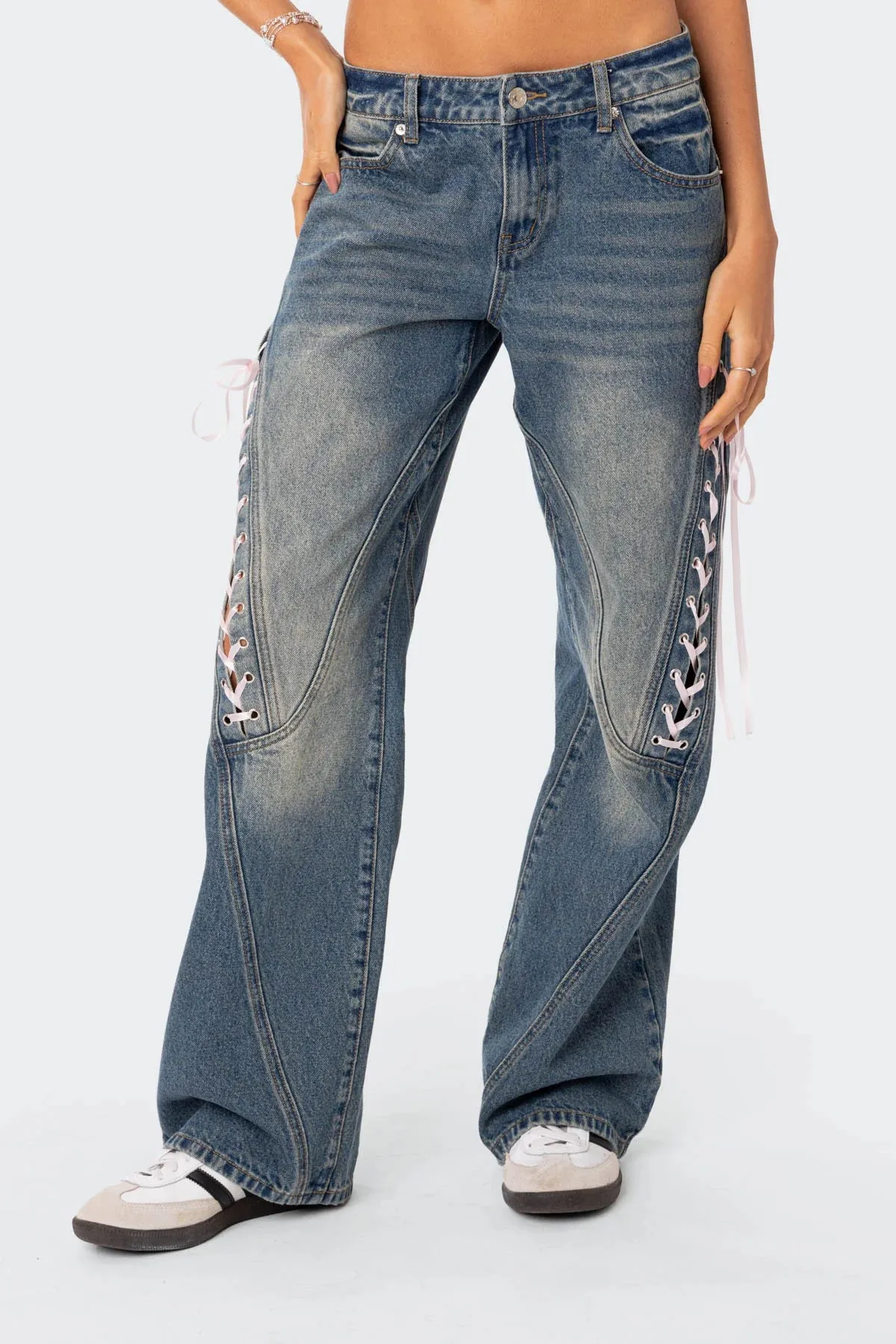 Ribbon Lace-Up Low Rise Jeans