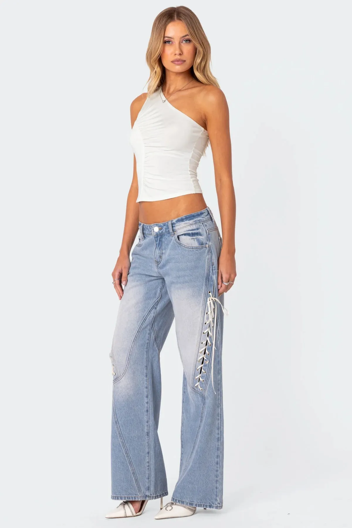 Ribbon Lace-Up Low Rise Jeans