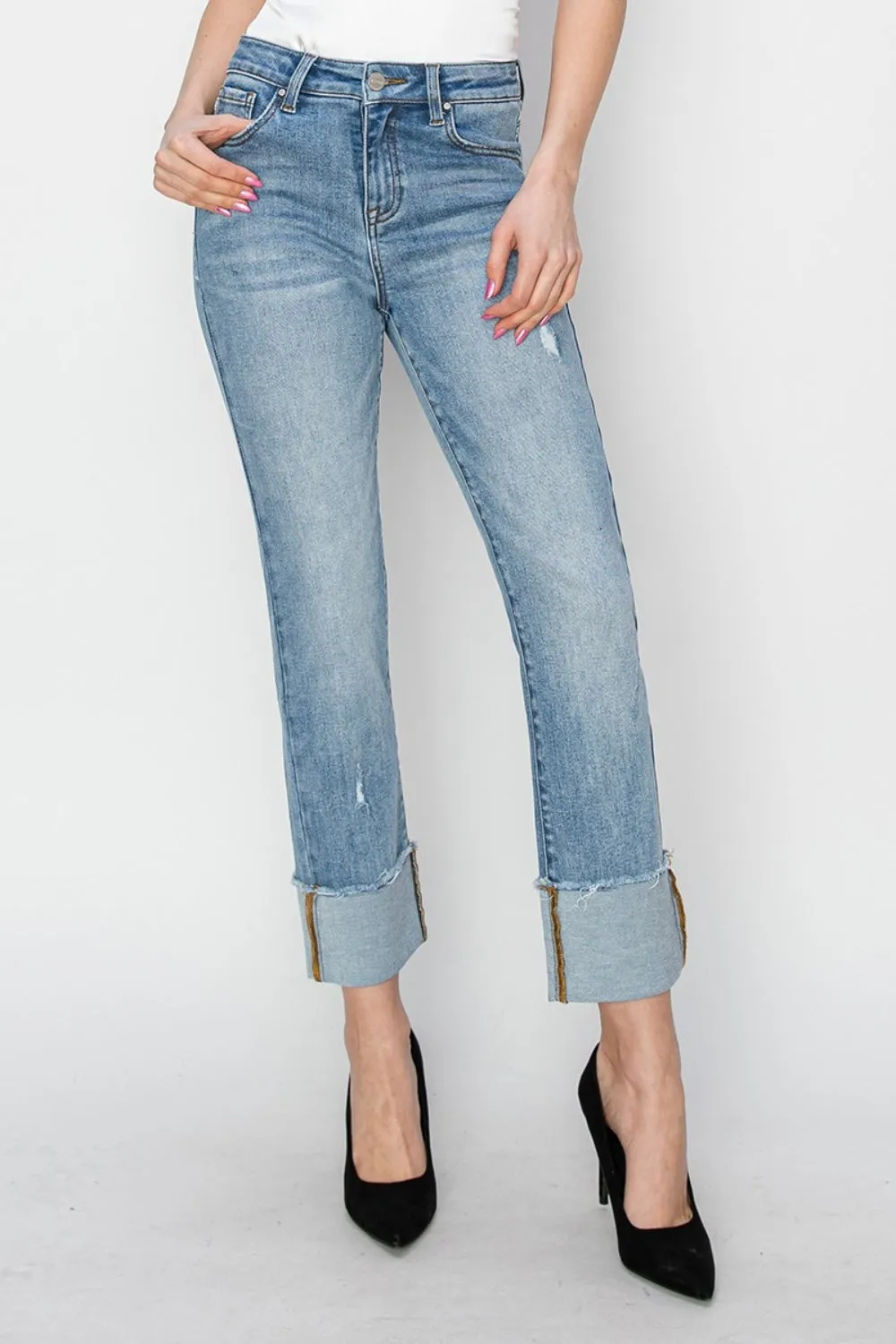 RISEN High Rise Cuffed Slim Straight Jeans