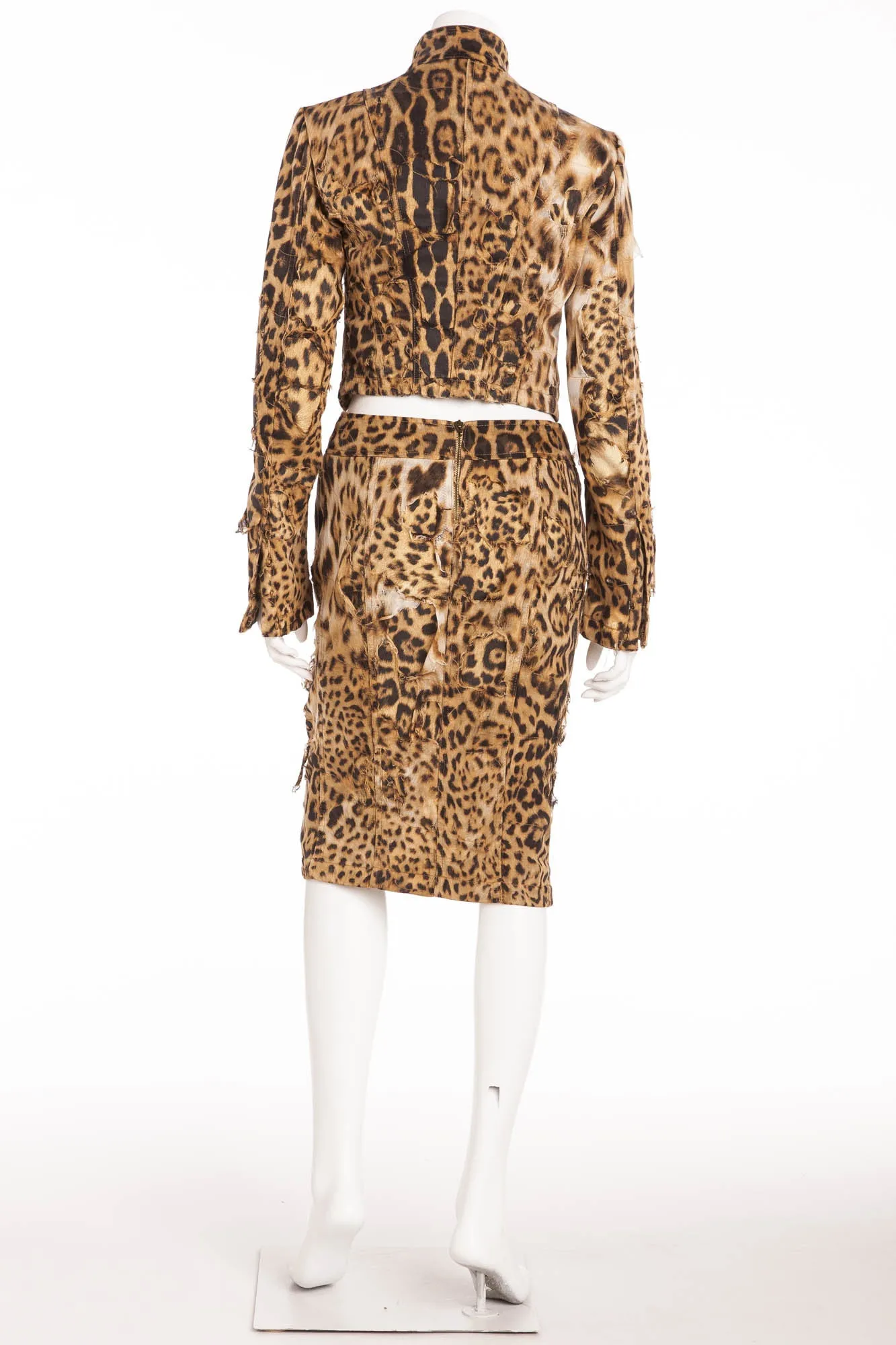 Roberto Cavalli - As Seen on 2001 Runway Collection - 2PC Ripped Leopard Jacket   Pencil Skirt - S