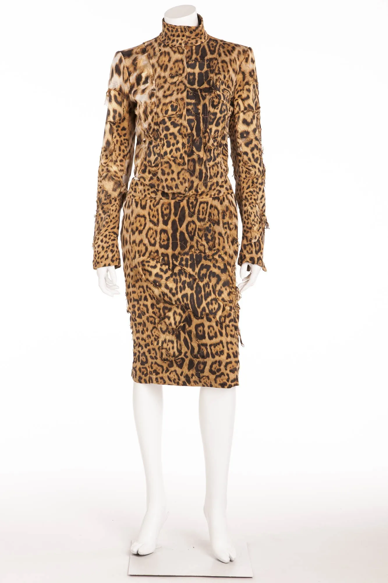 Roberto Cavalli - As Seen on 2001 Runway Collection - 2PC Ripped Leopard Jacket   Pencil Skirt - S