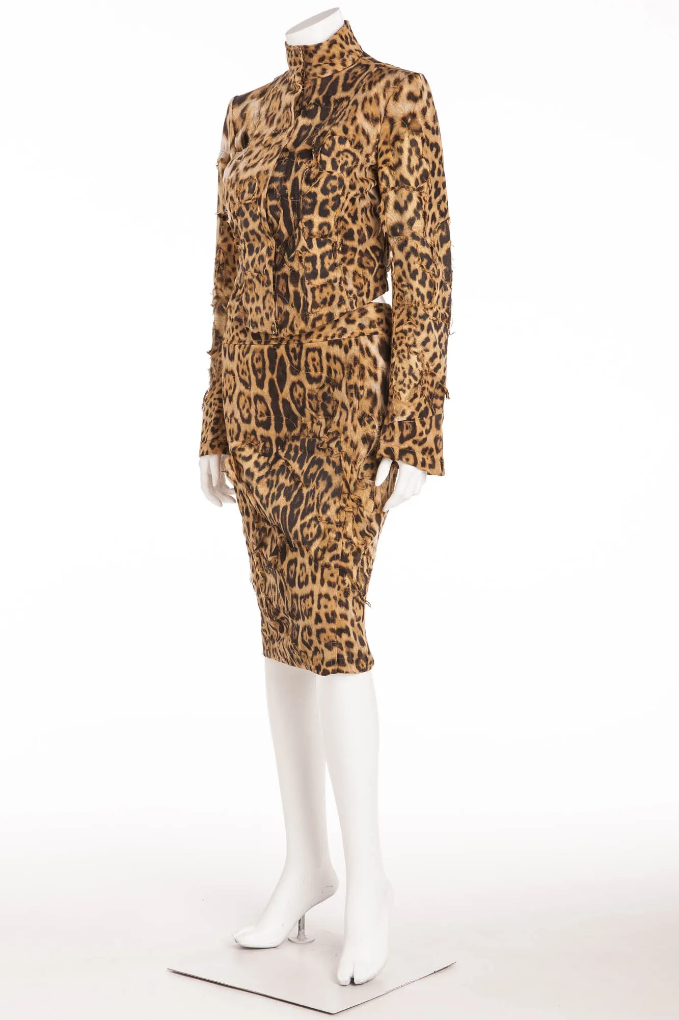 Roberto Cavalli - As Seen on 2001 Runway Collection - 2PC Ripped Leopard Jacket   Pencil Skirt - S