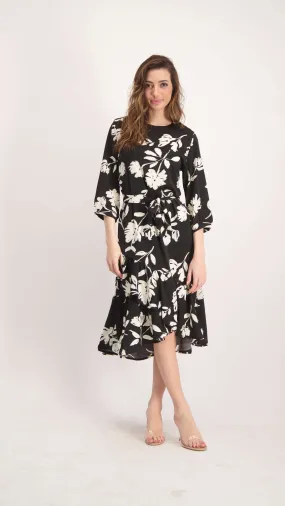 Ruffle Dress / Black & White Flowers