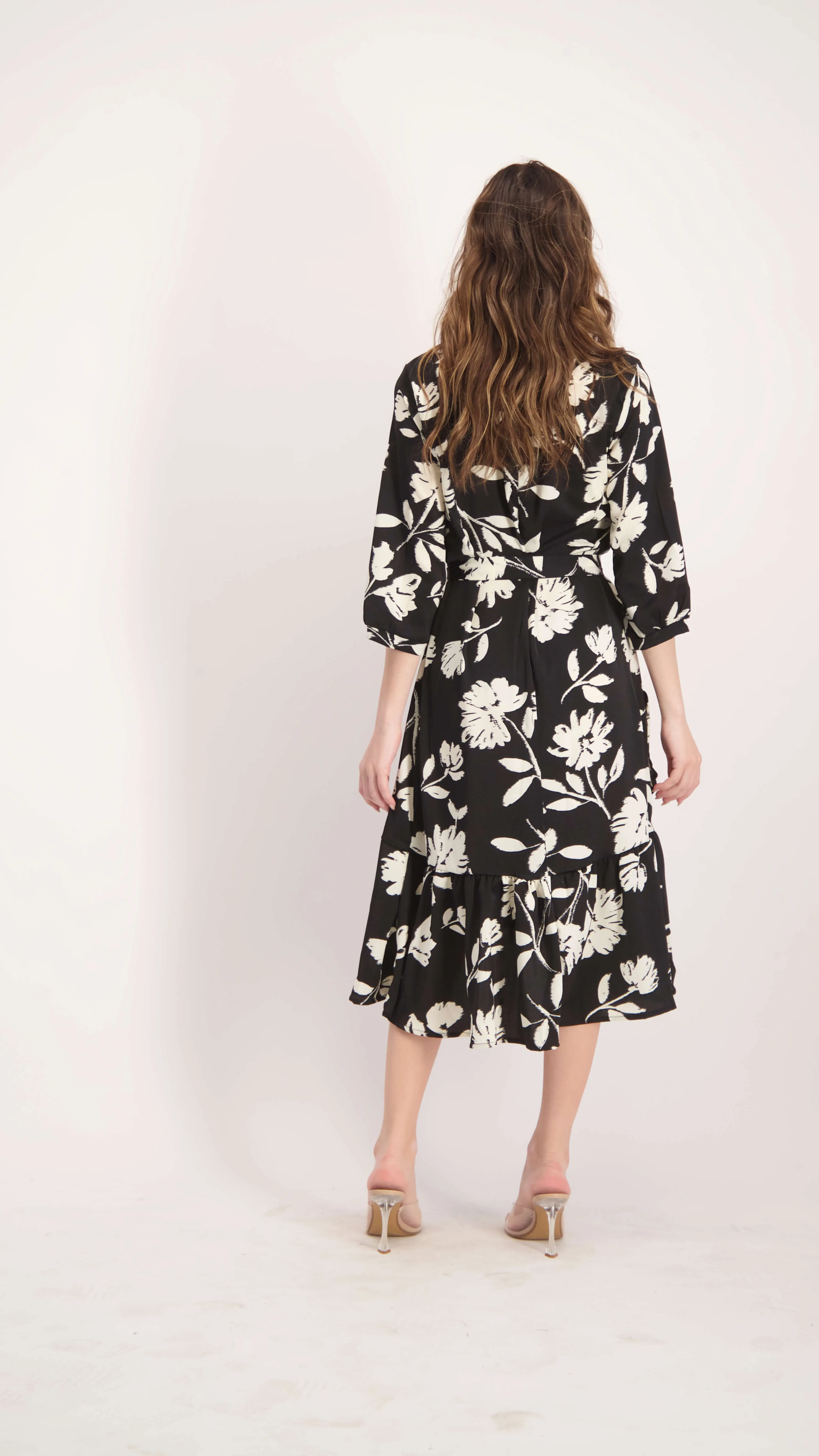 Ruffle Dress / Black & White Flowers