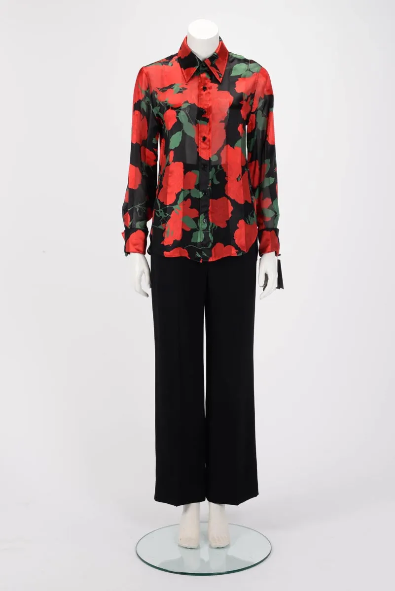 Saint Laurent Black & Red Silk Roses Print Blouse FR 36