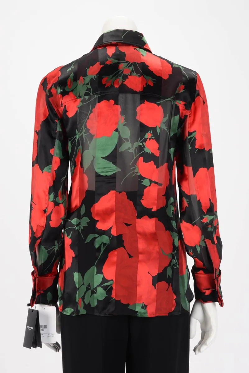 Saint Laurent Black & Red Silk Roses Print Blouse FR 36