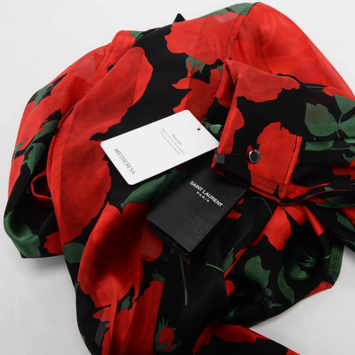 Saint Laurent Black & Red Silk Roses Print Blouse FR 36