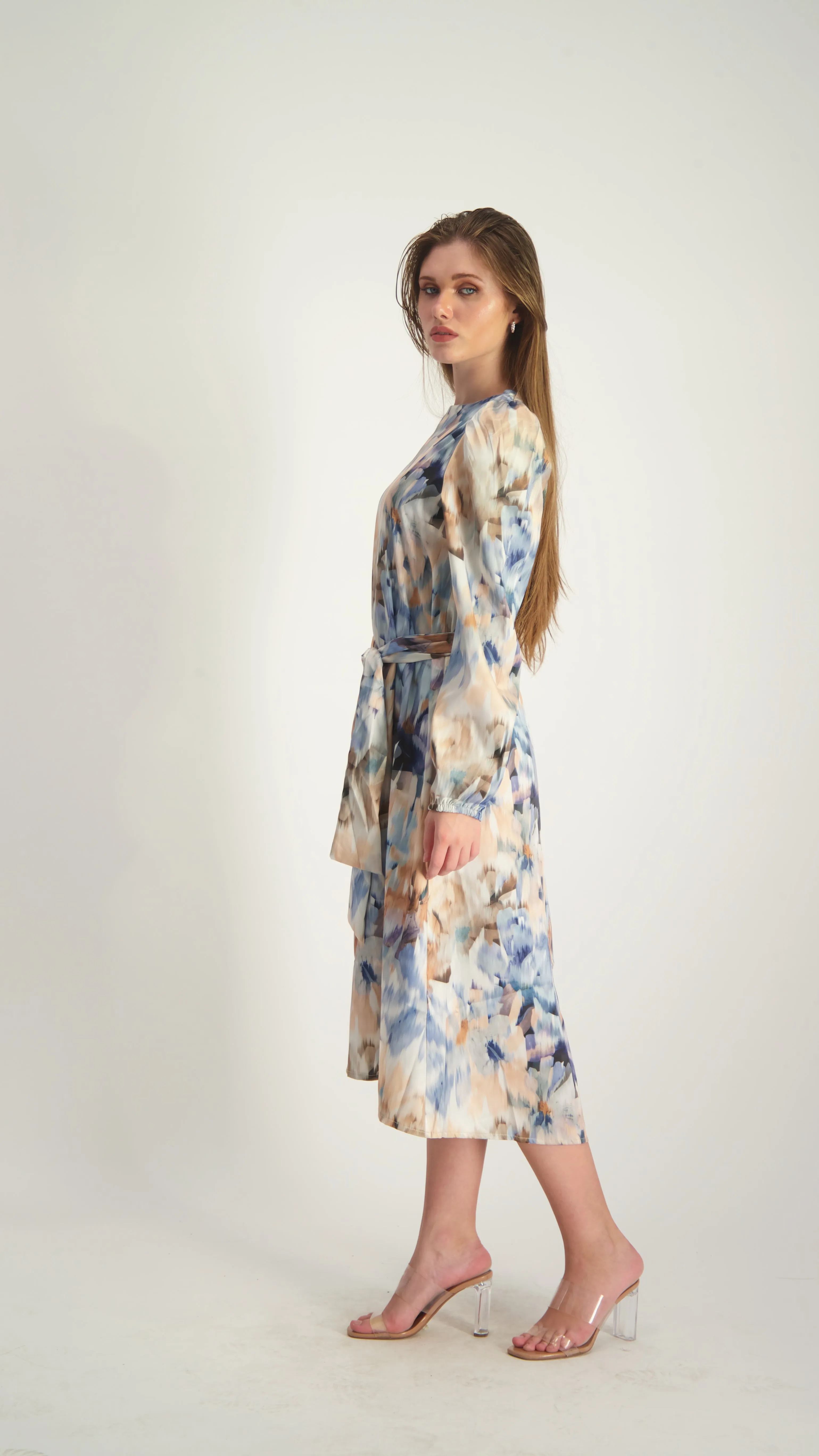 Satin A-line Dress with belt / Beige & Blue