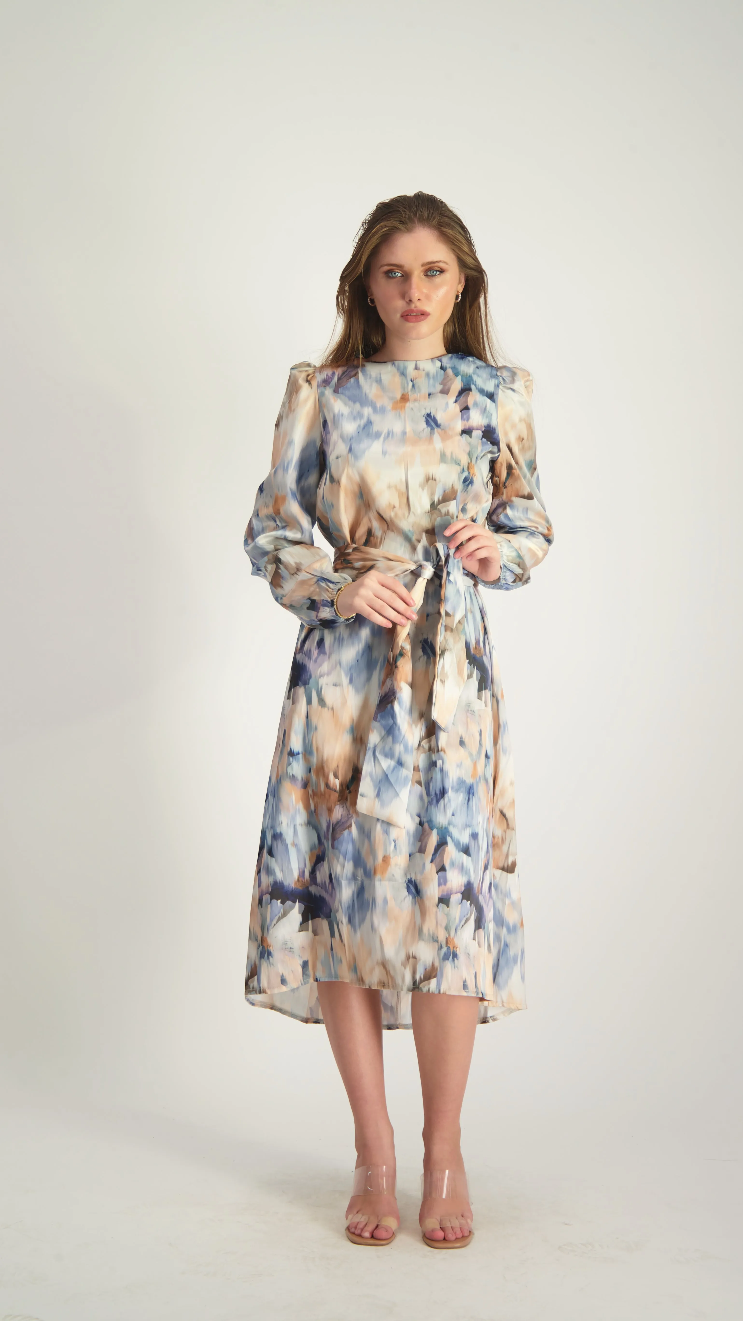 Satin A-line Dress with belt / Beige & Blue