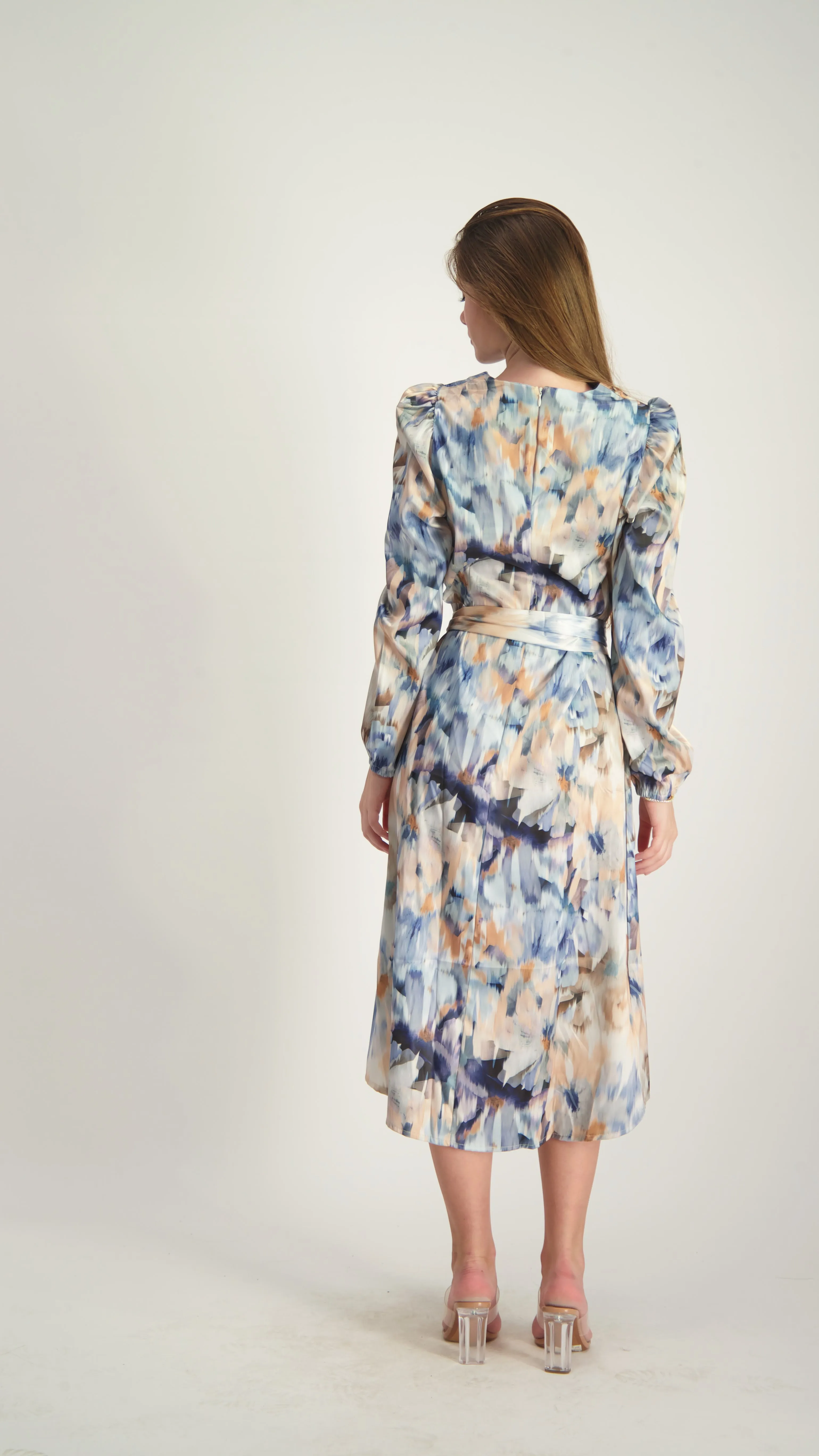 Satin A-line Dress with belt / Beige & Blue