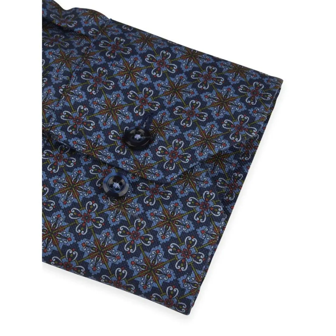 Stenstroms Navy Patterned Oxford Shirt - Fitted Body