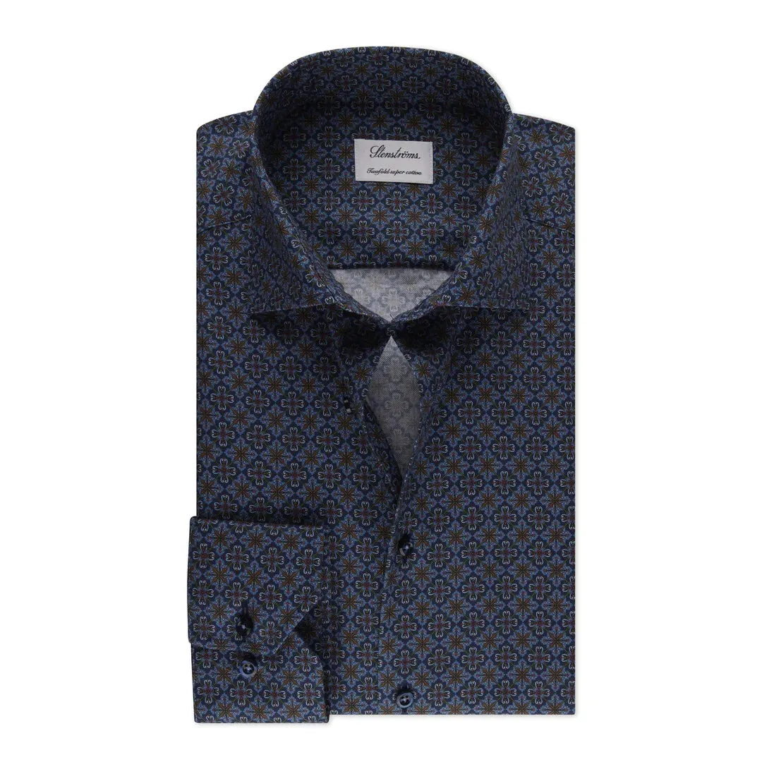 Stenstroms Navy Patterned Oxford Shirt - Fitted Body